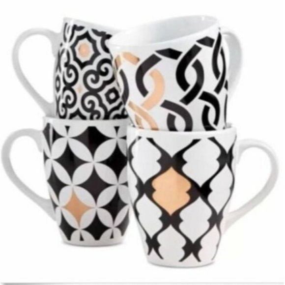 Designer 4 Piece Black & White Gold Cup Set Embellished with 14k Gold NIB